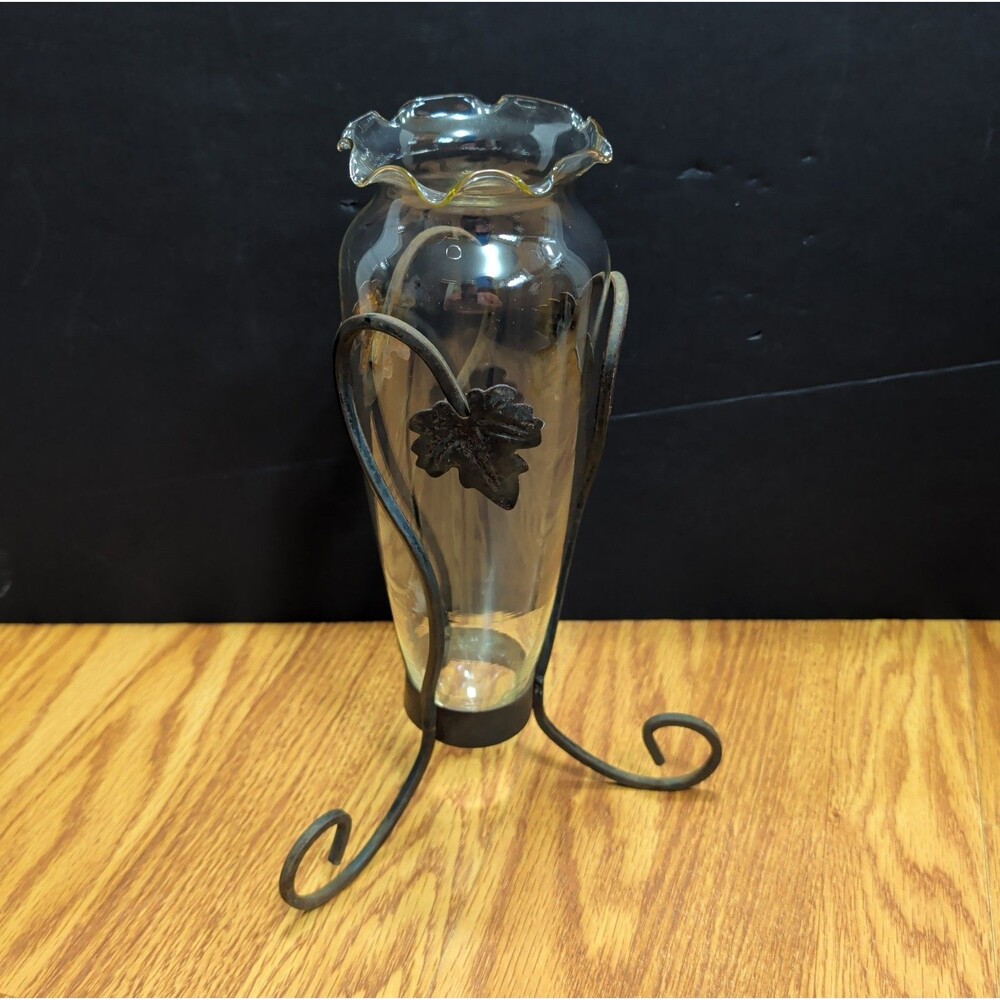 Vintage Glass Hurricane Vase Wrought Iron Stand Leaf Accent Crimp Top